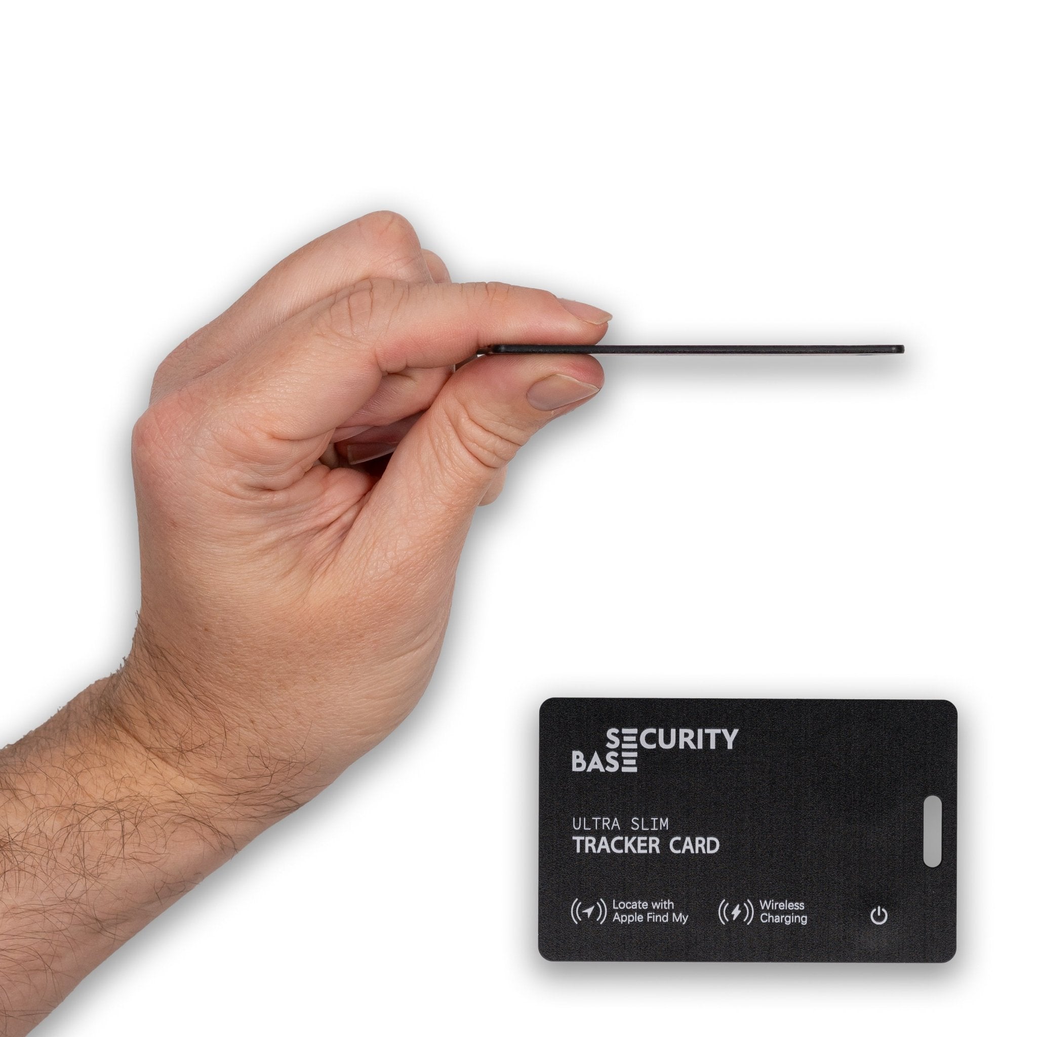 Hand holding a black SecurityBase ultra-slim tracker card on a white background