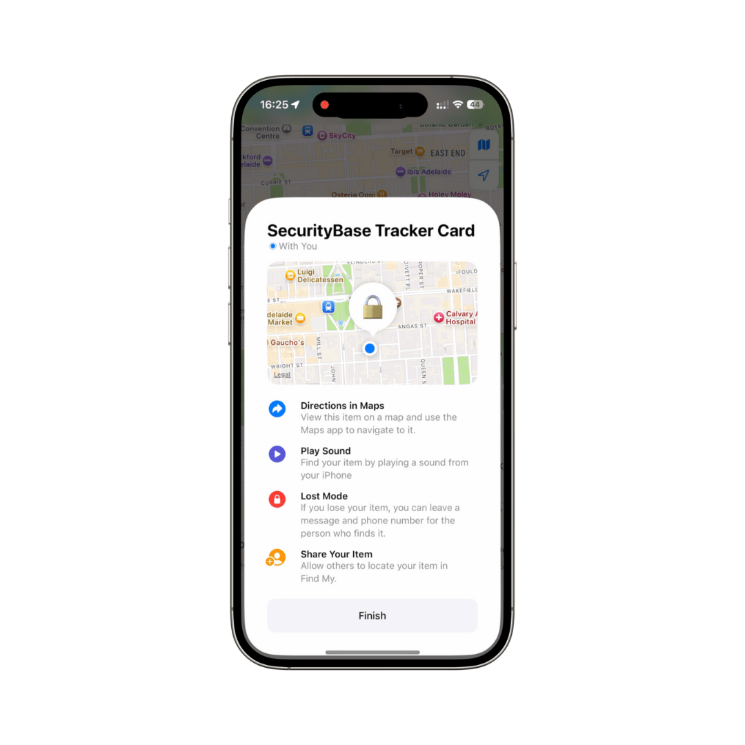 Find My app screen displaying SecurityBase Wallet Tracker Card tracking interface