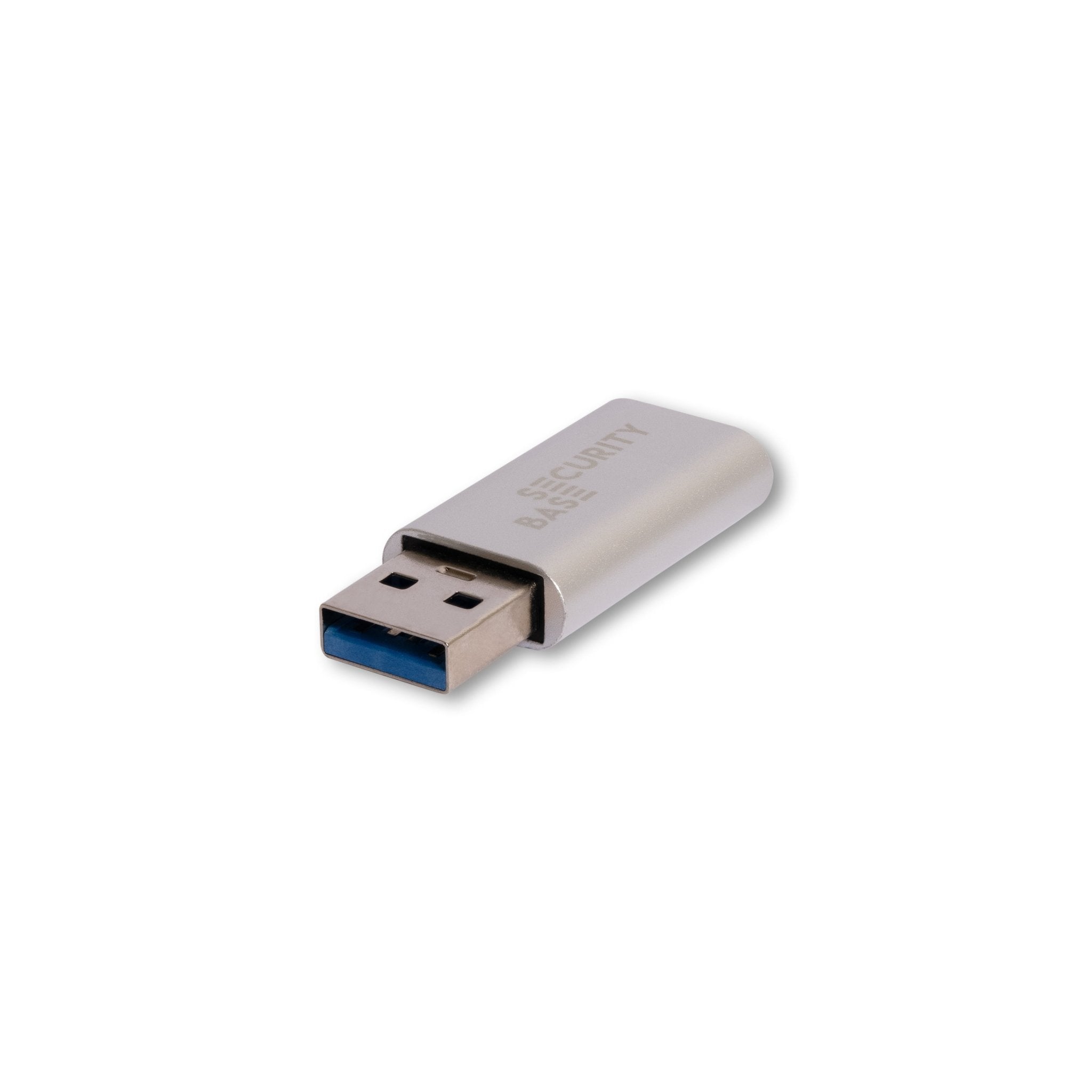 Close-up of USB-A Data Blocker Pro with blue USB 3.0 connector – aluminium casing