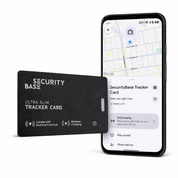 SecurityBase tracker card and smartphone with app interface on a white background
