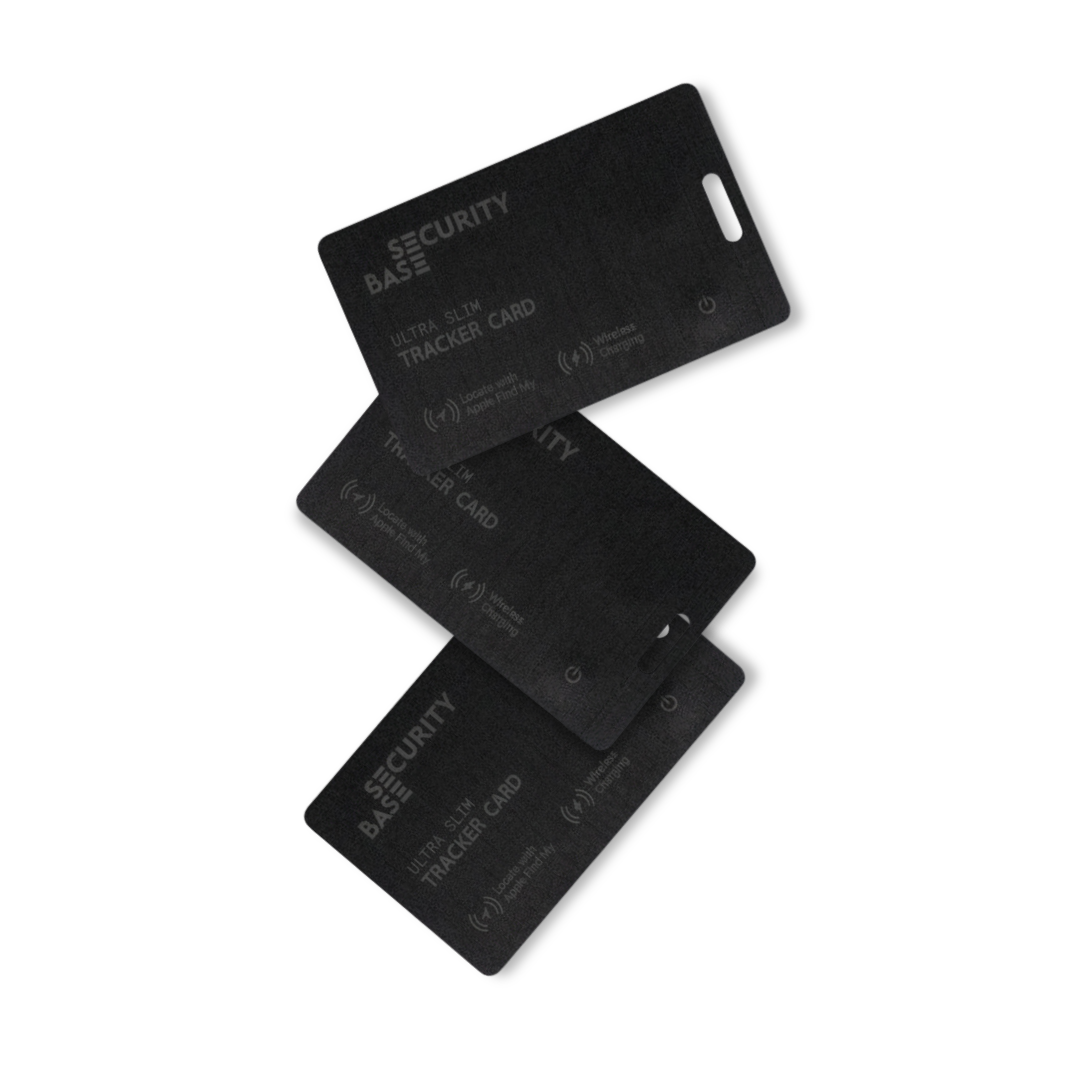 Three black security tracker cards on a white background