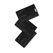 Three black security tracker cards on a white background