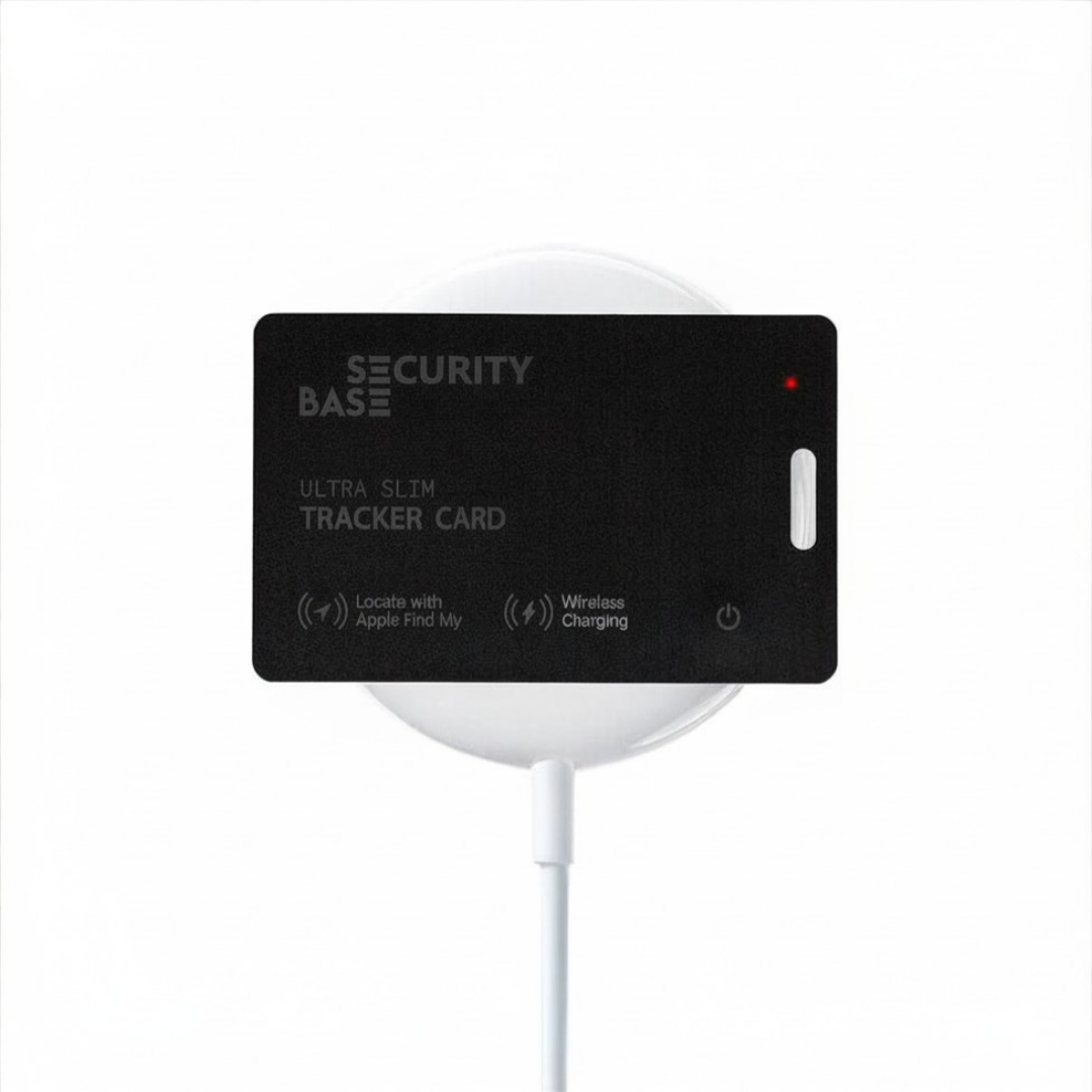 Security base tracker card with charging cable on a white background